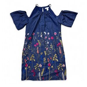 London Times Blue Chambray Floral Embroidery Cold Shoulder Dress US‎ 6 Small